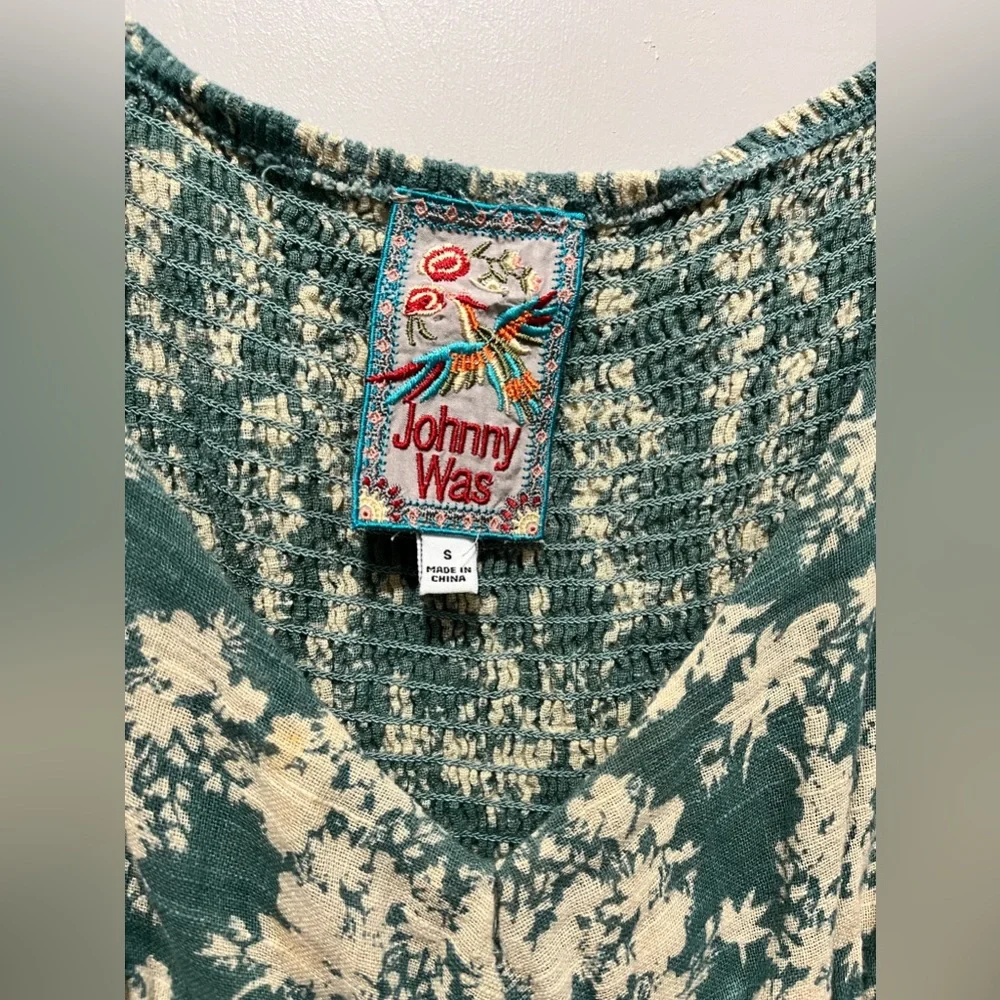 Johnny Was Teal Green Floral Puff-Sleeve Maxi Dress - Picture 2 of 3
